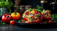 Colorful bell peppers stuffed with quinoa, vegetables and herbs served on dark plate with fresh tomatoes and parsley, low key food photography in rustic setting.