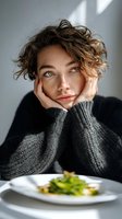 Young woman with curly brown hair in gray sweater looking thoughtful while sitting at table with healthy green salad meal in natural window light.