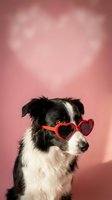 Adorable border collie dog wearing red heart-shaped sunglasses on pink background for Valentine's Day celebration and romantic pet photography.