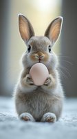 Cute rabbit holding white egg, isolated on blurred background. Perfect for Easter, spring holidays, greeting cards, children's illustrations, and festive designs.