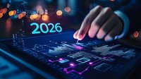 Futuristic digital interface showing year 2026 with glowing numbers and hand touching holographic display, financial charts and technology elements on dark background with bokeh lights.