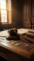 Wooden gavel with gold coins and law books on judge desk in courtroom with warm sunlight streaming through window for legal and justice concepts.