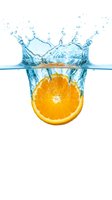 Fresh orange slice splashing into clear water creating dynamic crown splash with droplets on white background for healthy lifestyle concepts.