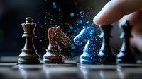 Chess pieces on dark background with magical glowing blue particles effect, knight figure disintegrating into sparkling dust, dramatic lighting and atmospheric composition.