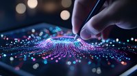 Finger touching digital tablet screen with glowing purple and blue light trails creating futuristic network visualization effect against dark background.