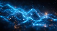 Glowing blue energy waves flow through dark space with scattered golden light particles creating magical cosmic atmosphere for fantasy backgrounds.