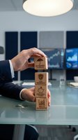 Businessman hands protecting wooden blocks with financial planning icons including retirement, insurance, emergency funds and wealth management in office.