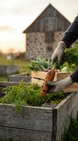 Farmer harvesting fresh organic carrots from raised garden bed at sunset with rustic barn background for sustainable agriculture and farm-to-table lifestyle.