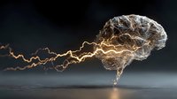 Human brain with golden electrical lightning energy flowing from neural networks representing consciousness and cognitive power in futuristic medical concept.