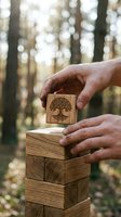 Hands carefully placing wooden block with tree of life symbol on stack in forest setting representing growth, balance and environmental consciousness.