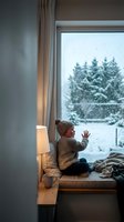 Young child in knit sweater sitting by window watching winter snowfall on evergreen trees. Cozy indoor scene with warm lighting and snowy landscape view.