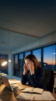 Stressed businesswoman working late at office desk with laptop during evening hours, holding head in hands showing work pressure and fatigue.