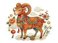 Decorative ram with ornate saddle, flowers, and coins isolated on white background, suitable for clipart, t-shirt design, and festive graphics.