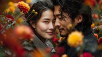 Romantic young Asian woman and Hispanic man share intimate moment among vibrant autumn roses in garden setting, soft natural lighting creates dreamy atmosphere.