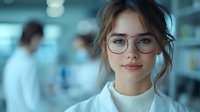 Young Asian female medical professional wearing glasses and white coat smiling confidently in modern hospital or laboratory setting with blurred background.