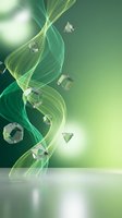 Abstract green flowing waves with floating crystal gems and bright light effects on gradient background for modern digital design.