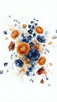 Watercolor floral bouquet with orange ranunculus and blue flowers on white background for wedding invitations and romantic designs.