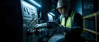 Industrial worker in safety helmet and high-visibility vest operating control panel in dark manufacturing facility with blue illuminated displays and equipment.