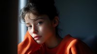 Young Caucasian woman in bright orange sweater looking away thoughtfully against dark background, dramatic side lighting creates moody atmosphere for fashion and lifestyle content.