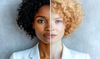 Creative split face portrait showing contrast of two women with different skin tones and hair textures wearing white blazers against light background.