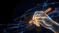 Digital wireframe hand holding glowing pen with light trails and particles on dark background for technology and innovation concepts.
