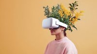 Young Asian woman wearing VR headset with yellow flowers and green plants growing from head against beige background, surreal creative concept art.