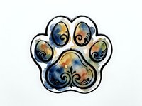 Watercolor paw print with swirling blue, orange, and gold patterns isolated on white background, ready for pet-related designs and merchandise applications.