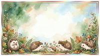 Hedgehogs and baby hedgehogs surrounded by autumn foliage, mushrooms, and wildflowers in watercolor style with copy space for greeting cards and children's designs.