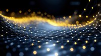 Abstract network mesh with glowing golden bokeh lights and connected dots forming wave pattern on dark blue background, modern technology concept.