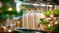 Fresh glass bottles filled with pink strawberry milk lined up on metal shelf, soft focus background creates dreamy nostalgic mood for food and beverage marketing.