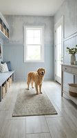Golden retriever standing in a bright coastal mudroom with blue beadboard walls, patterned wallpaper, wood-look tile floor, and woven rug.