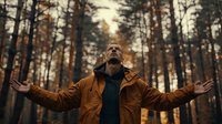 African American man in yellow jacket standing with arms outstretched in peaceful meditation pose among tall pine trees during golden sunset in autumn forest.