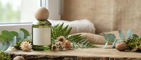 Natural spa wellness setup with essential oil bottle, wooden brush, pine cones and green foliage on rustic wood surface for relaxation and self-care.