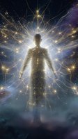 Silhouette of male figure surrounded by glowing energy streams and cosmic light effects against starry universe background, representing spiritual awakening.
