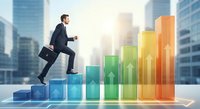 Professional businessman in suit climbing colorful growth chart steps with briefcase against modern city skyline backdrop representing career advancement.