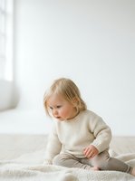 Toddler girl with blonde hair wearing cream knit sweater sitting on white blanket in bright natural light, suitable for parenting, childcare, and family lifestyle content.