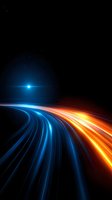 Abstract light trails in blue and orange colors curve into distance against dark background with glowing star, creating dynamic motion effect for technology designs.