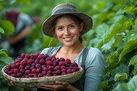 Young female farmer in sun hat holding fresh picked organic raspberries in woven basket, surrounded by green leaves in summer garden setting.