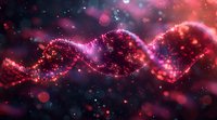 Glowing DNA strand in red and purple colors with sparkles and bokeh effects against dark background, representing genetic science and biotechnology research.