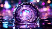 Mesmerizing circular water ripple with purple and blue bokeh lights reflecting on liquid surface creating magical portal effect. Macro photography of droplet splash.