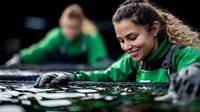 Young Hispanic female car wash worker in green uniform smiling while carefully detailing vehicle surface with professional cleaning equipment. Dark atmospheric setting.
