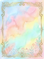 Soft pastel watercolor background with golden ornate frame and delicate floral elements in pink, blue, and yellow tones for cards.