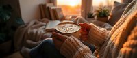 Cozy woman in knit sweater holding warm coffee cup with Thank You latte art at golden sunset by window.