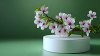 Delicate pink cherry blossom branch on white podium against green background, showcasing spring flowers in minimalist product display setting for cosmetic presentation.