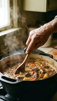 Senior man stirring homemade beef stew in cast iron pot with wooden spoon, steam rising from hot meal in rustic kitchen for comfort food cooking.