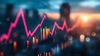 Pink stock market graph line trending upward against blurred city skyline at sunset, showing financial growth and economic recovery.