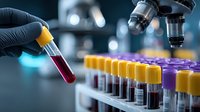 Scientist in gloves holding blood sample tube in laboratory with microscope and test tubes in background for medical research.