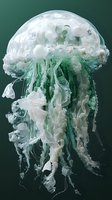 Ethereal jellyfish in white and mint green tones floating against dark background, with translucent tentacles and delicate tissue-like textures creating dreamy underwater effect.