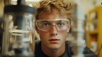Young male scientist wearing protective eyewear in research laboratory setting, focused expression with blurred scientific equipment background. Professional STEM workplace portrait.