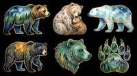 Watercolor bear illustrations featuring forest landscapes, ornamental patterns, and wildlife silhouettes isolated on transparent background. Ready for t-shirt design, clipart, stickers, sublimation, and print-on-demand products.